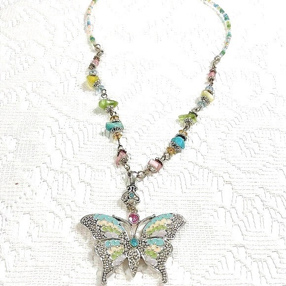 Butterfly Pendant Necklace Multicolor Enamel Rhinestone - Picture 3 of 16